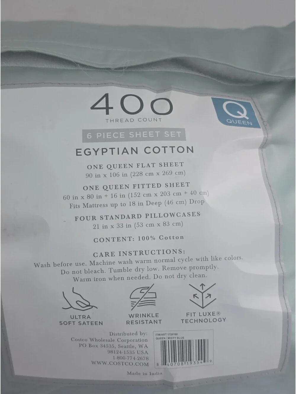 Hotel Signature Sateen 400TC 6pc Queen Sheet Set Egyptian Cotton Misty Blue